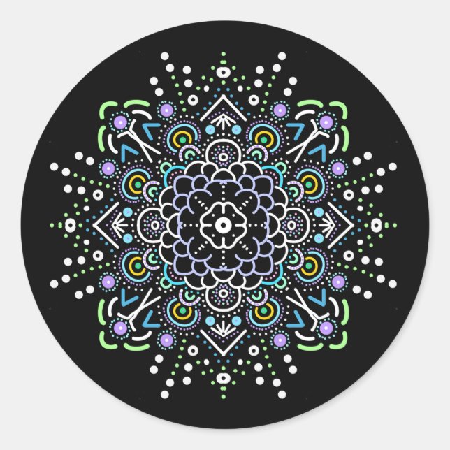 Black, Purple and Green Mandala  Classic Round Sticker (Front)
