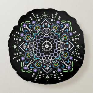 Black, Purple and Green Mandala Ornament Round Cushion