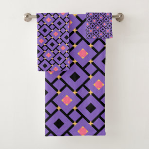 black Purple and pink pattern with squares Bath Towel Set