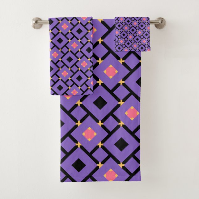 black Purple and pink pattern with squares Bath Towel Set (Insitu)