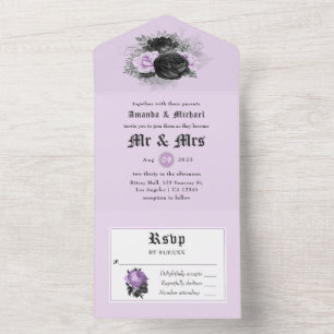 Black Purple and Silver Floral Gothic Wedding All  In One Invitation