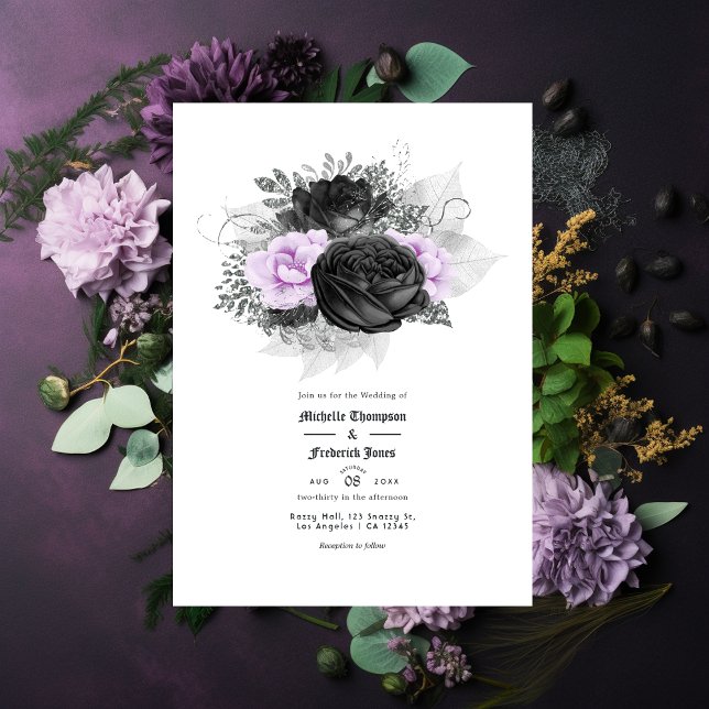 Black Purple and Silver Floral Gothic Wedding Invitation (Creator Uploaded)