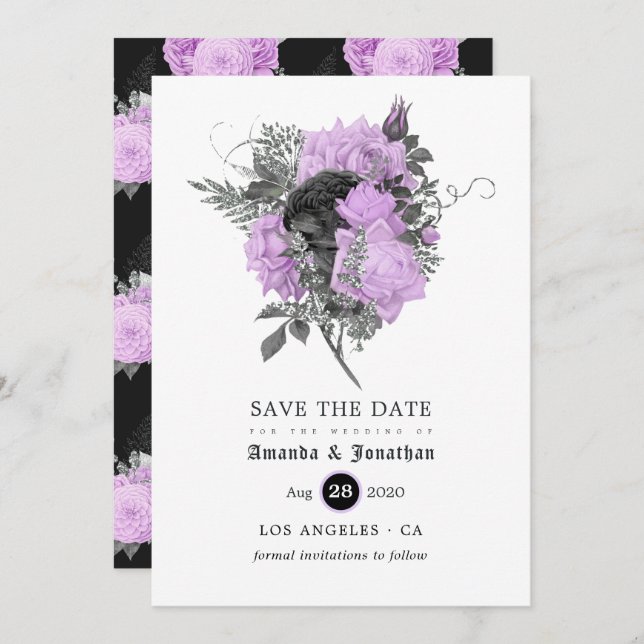 Black Purple and Silver Floral Gothic Wedding Save The Date (Front/Back)