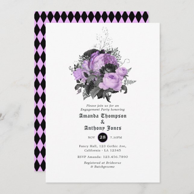 Black, Purple and Silver Gothic Engagement Party Invitation (Front/Back)