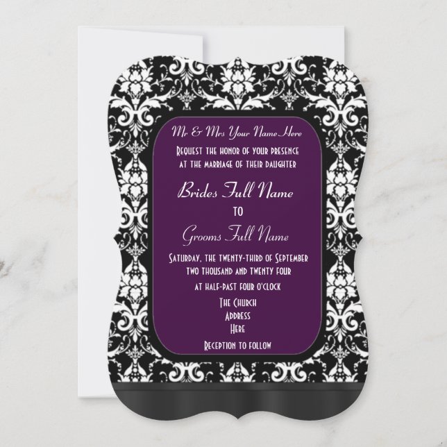 Black, purple and white damask wedding invitation (Front)