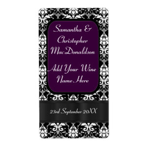 Black, purple and white damask wedding wine bottle