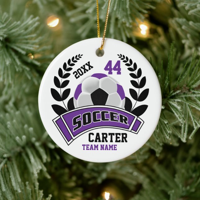 Black, Purple and White Personalise Soccer  ⚽ Ceramic Ornament (Tree)
