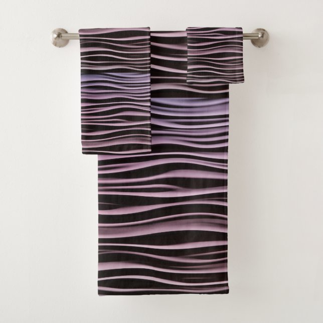 Black & Purple Art Deco Waves Bath Towel Set (Insitu)