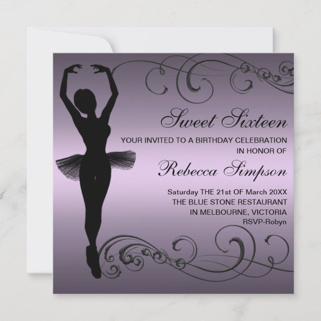 Black & Purple Ballerina Birthday Invitation (Front)