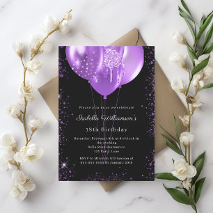 Black purple balloons birthday  invitation