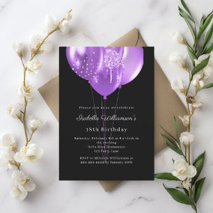Black purple balloons birthday  invitation
