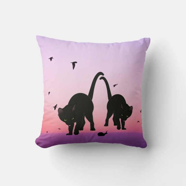 Black Purple Beach Cats Birds Scene Cushion (Front)