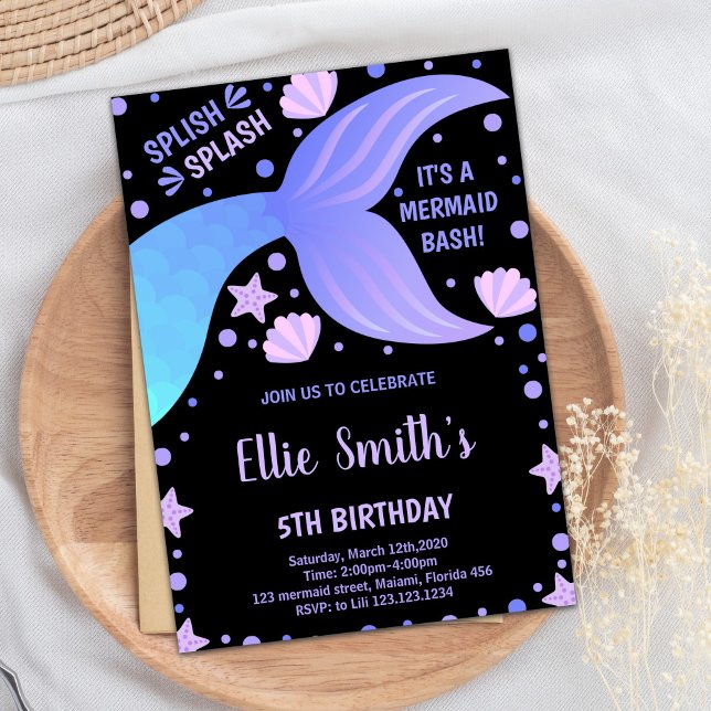 Black Purple Blue Tail Shell Mermaid Invitations (Black Purple Blue Tail Shell Mermaid Invitations)