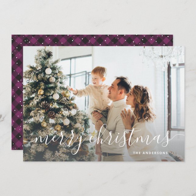 Black Purple Buffalo Plaid Photo Merry Christmas Holiday Card (Front/Back)