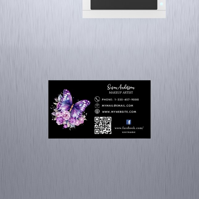 Black purple butterfly flowers QR code Facebook Magnetic Business Card (Creator Uploaded)