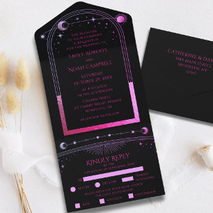 Black Purple Celestial Sun Moon Stars Wedding All In One Invitation