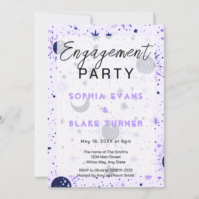 Black & Purple Celestial Wedding Engagement Party Invitation (Front)