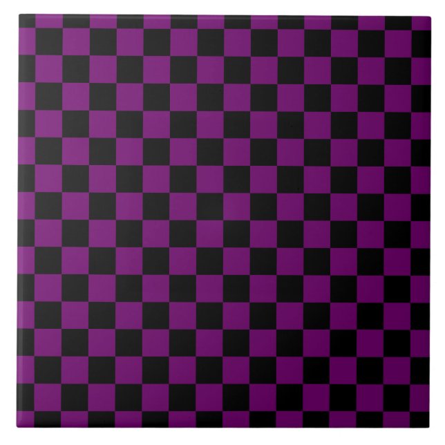 Black Purple Check Chequered Chequerboard Pattern Ceramic Tile (Front)