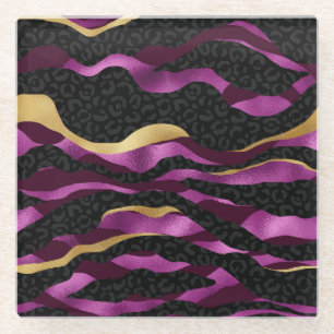 Black Purple Cheetah Leopard Black Pattern Glass Coaster