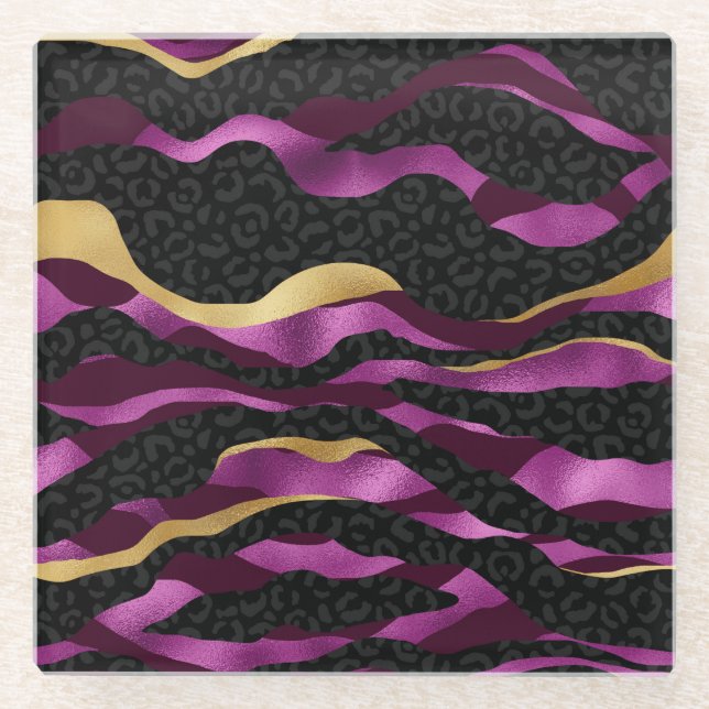 Black Purple Cheetah Leopard Black Pattern Glass Coaster (Front)