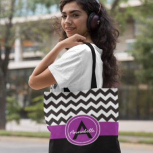 Black Purple Chevron Tote Bag