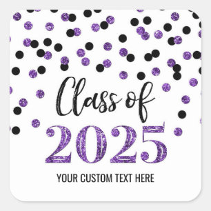 Black Purple Confetti Graduation 2025  Square Sticker