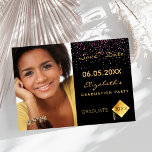 Black purple confetti Graduation Party Save The Date<br><div class="desc">A photo Save the date card for a graduation party. On front: Add your own vertical size photo of the graduate. A chic black background colour and purple confetti sprinkle. Templates for a name and date. Golden letters. The name and the text: Save the Date are written with a modern...</div>
