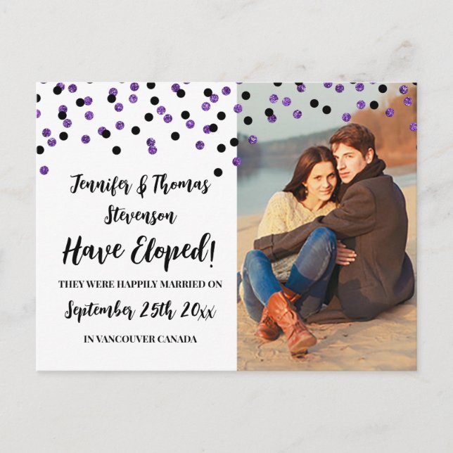 Black Purple Confetti Photo Elopement Announcement (Front)