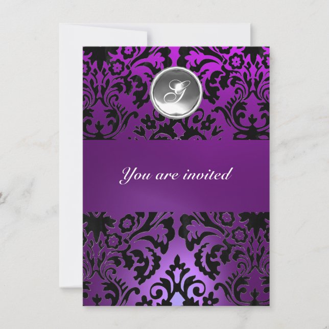 BLACK & PURPLE DAMASK GEM STONE MONOGRAM  ice Invitation (Front)