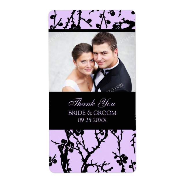 Black Purple Damask Photo Wedding Labels (Front)
