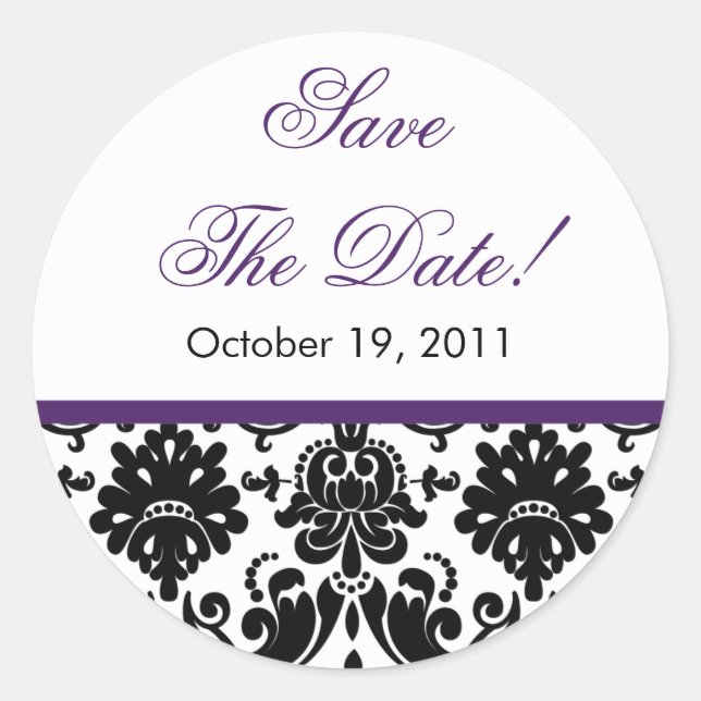Black & Purple Damask Save the Date Wedding Seal (Front)