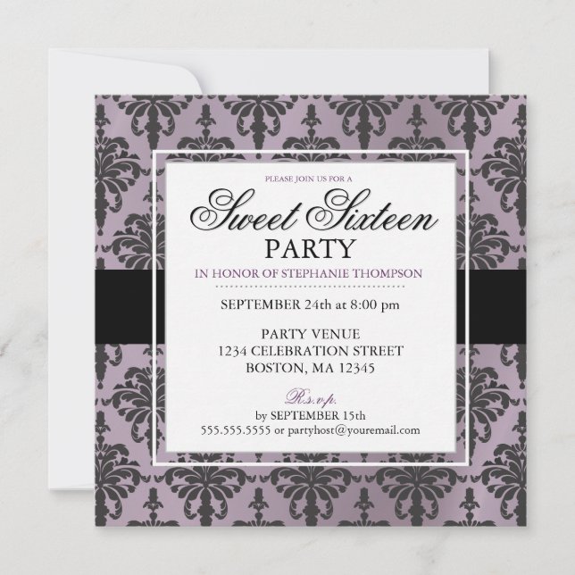 Black Purple Damask Sweet 16 Party Invitations (Front)