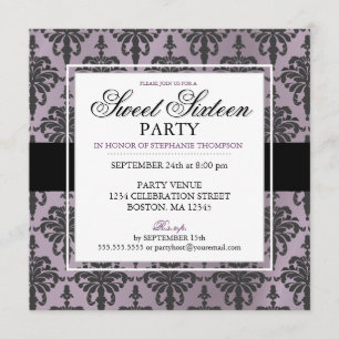 Black Purple Damask Sweet 16 Party Invitations