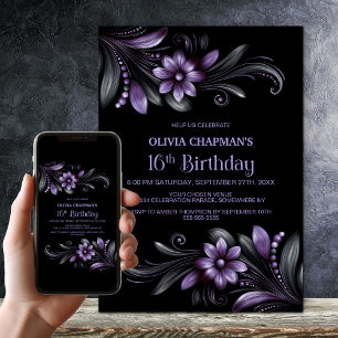 Black Purple Floral 16th Birthday Party Invitation