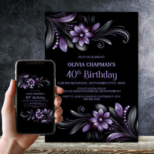 Black Purple Floral 40th Birthday Party Invitation