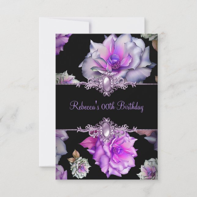 Black Purple Floral Birthday Party Pearl Image Invitation (Front)