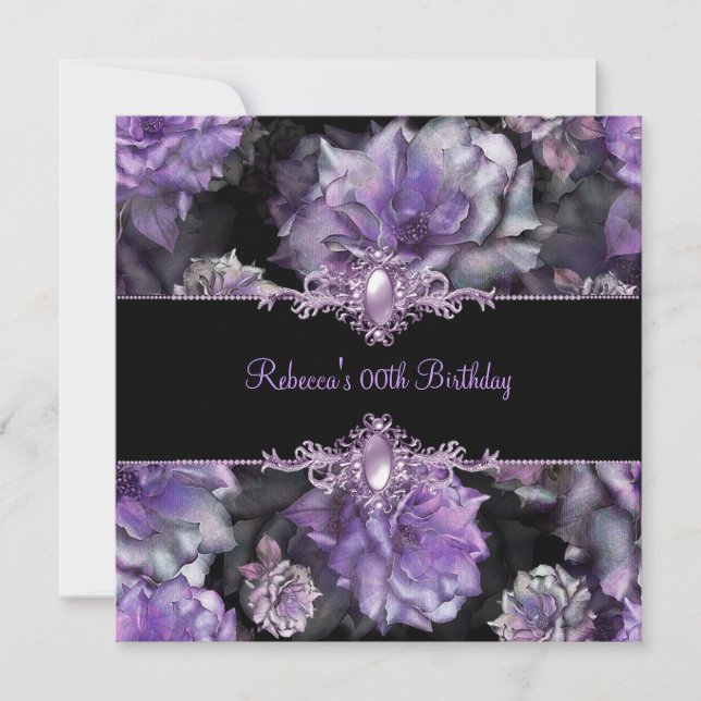 Black Purple Floral Birthday Party Pearl Image Invitation (Front)