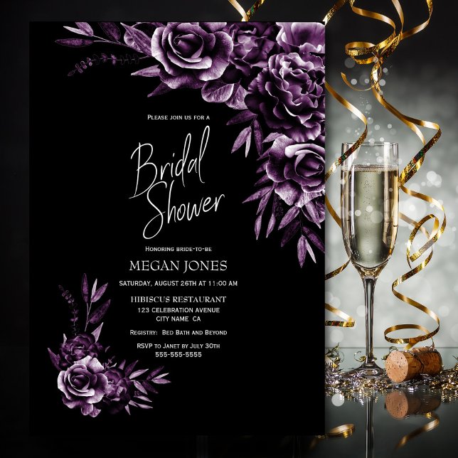 Black Purple Floral Bridal Shower Invitation (Creator Uploaded)