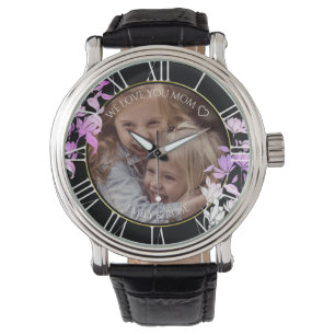 Black Purple Floral Custom Children Photo Template Watch