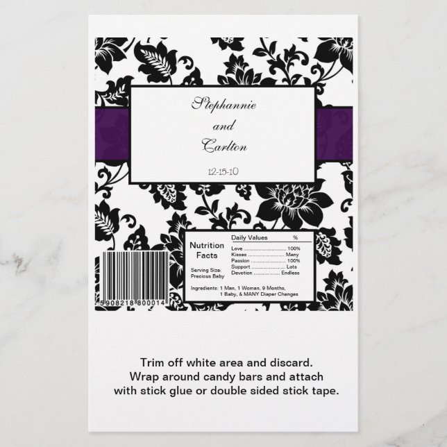 Black/Purple Floral Damask Wedding Candy Wrapper (Front)