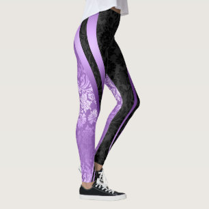 Black & Purple Floral Damasks Geometric Design  Leggings