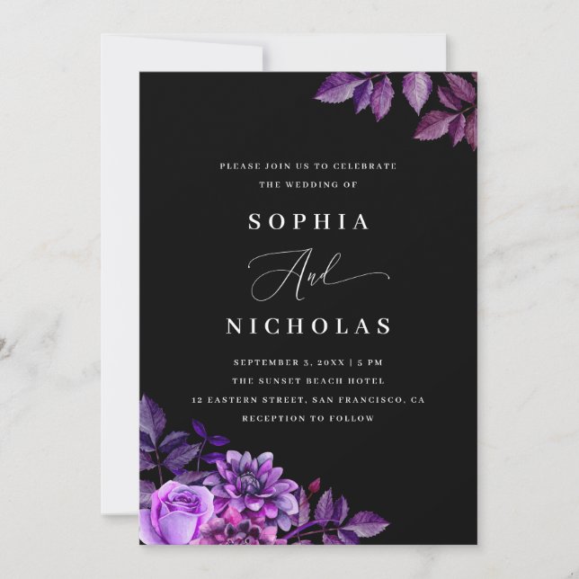 Black & Purple floral | Elegant Gothic Wedding Invitation (Front)