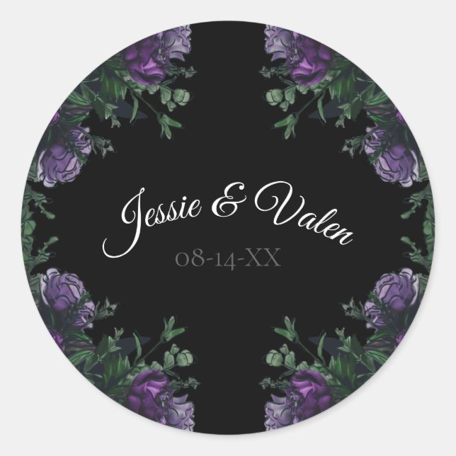 Black Purple Floral Elegant Wedding Gothic Classic Round Sticker (Front)