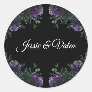Black Purple Floral Elegant Wedding Gothic Classic Round Sticker