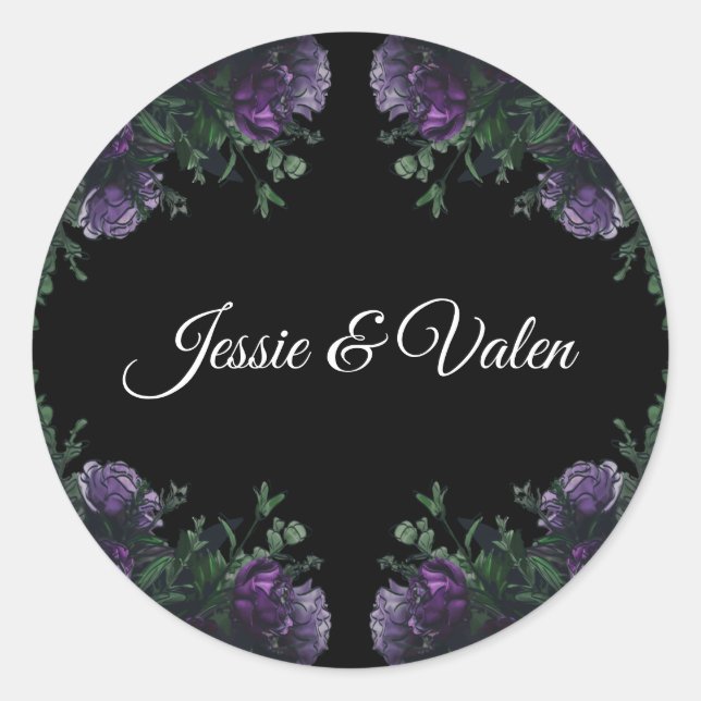 Black Purple Floral Elegant Wedding Gothic Classic Round Sticker (Front)