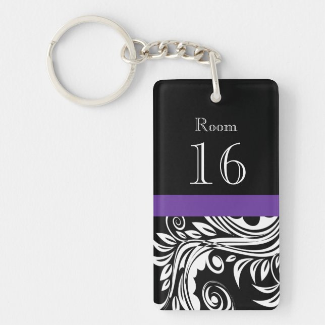 Black purple Flower swirl floral pattern Key Ring (Front)