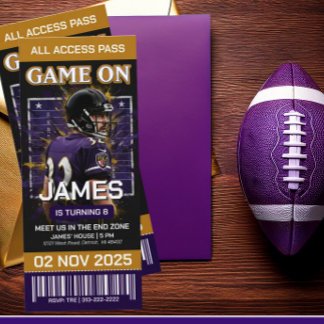 Black & Purple Football Ticket Birthday Invitation