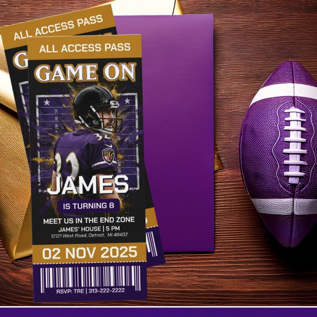Black & Purple Football Ticket Birthday Invitation (Creator Uploaded)