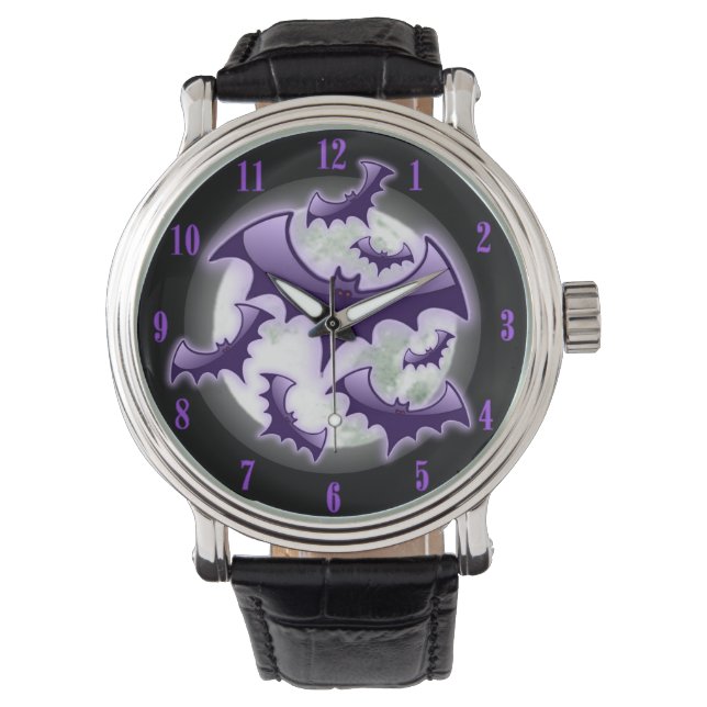 Black & Purple Full Moon Bats Wrist Watch (Front)