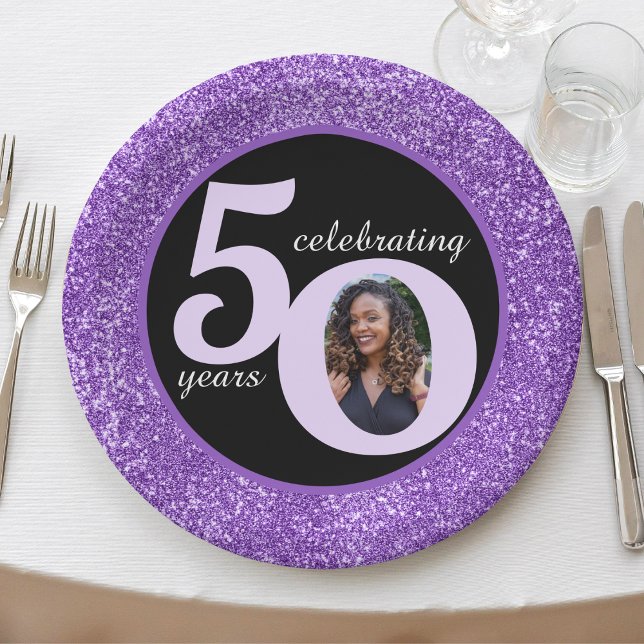Black Purple Glitter 50 Fifty Years 50th Birthday Paper Plate (Black Purple Glitter 50 Fifty Years 50th Birthday Paper Plates)